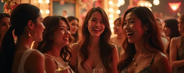 Photographie réaliste d'une animation photobooth en soirée festive avec invités surpris et souriants, éclairage cinématographique chaleureux, textures fines, bokeh naturel, composition soignée avec règle des tiers, fond épuré avec espace négatif