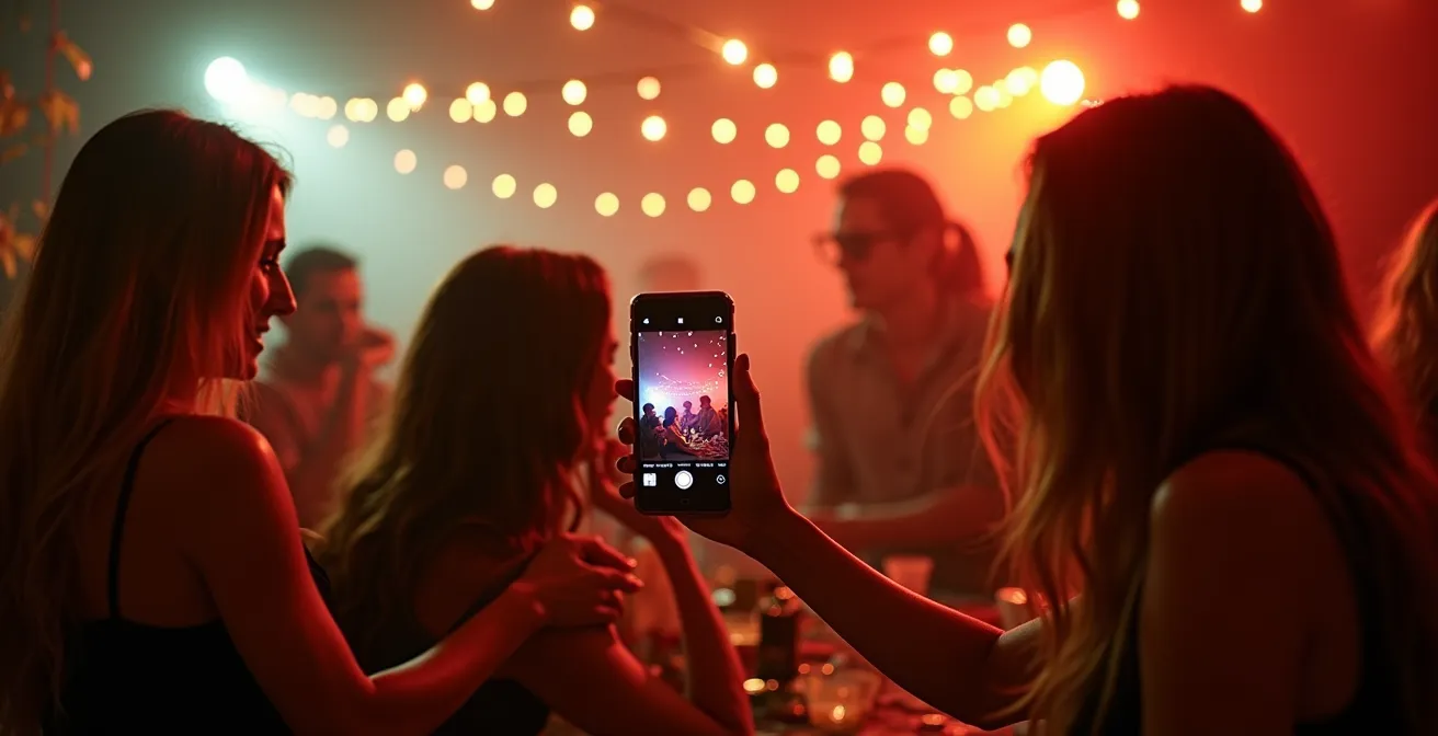 Image d’une soirée animée avec participants échangeant des photos dans une ambiance festive, éclairage doux, textures fines