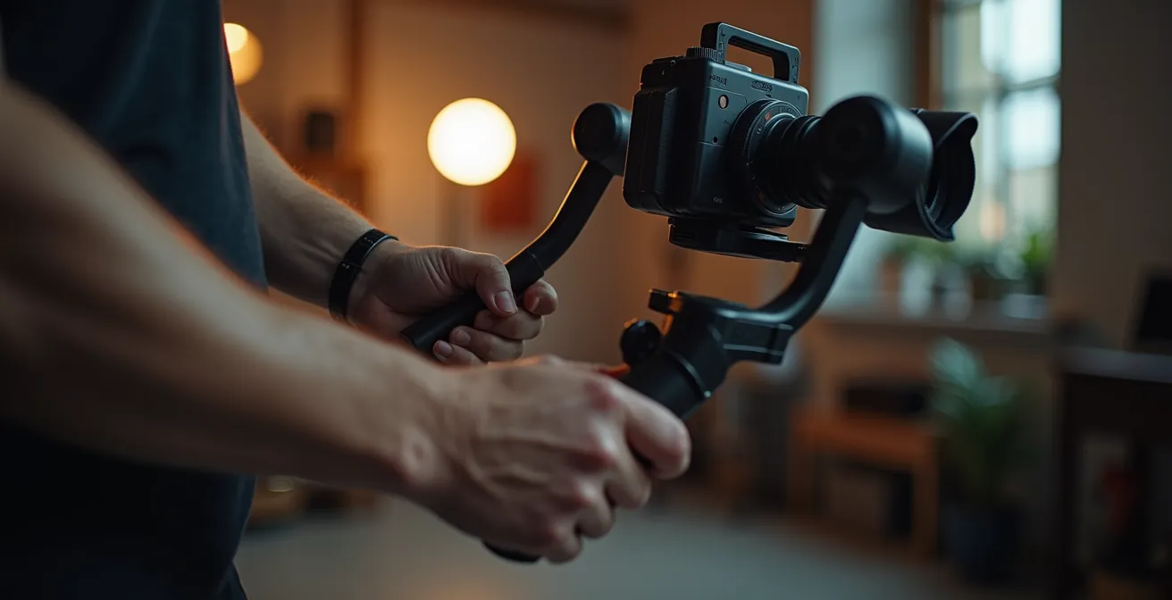 Vidéaste ajustant un stabilisateur gimbal avec concentration