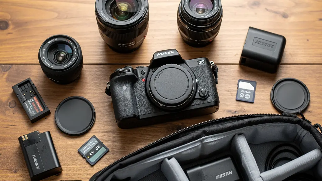 Équipement photo professionnel complet disposé sur table : boîtier, objectifs, accessoires