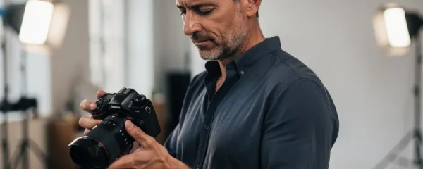 Photographe professionnel examinant un appareil photo hybride en studio