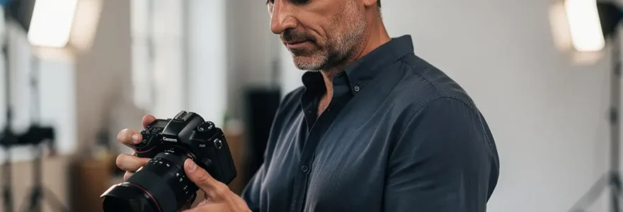 Photographe professionnel examinant un appareil photo hybride en studio